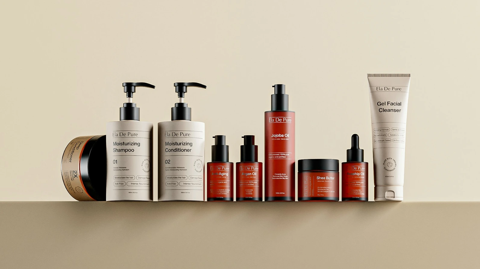 Various skincare bottles and jars arranged on a shelf.